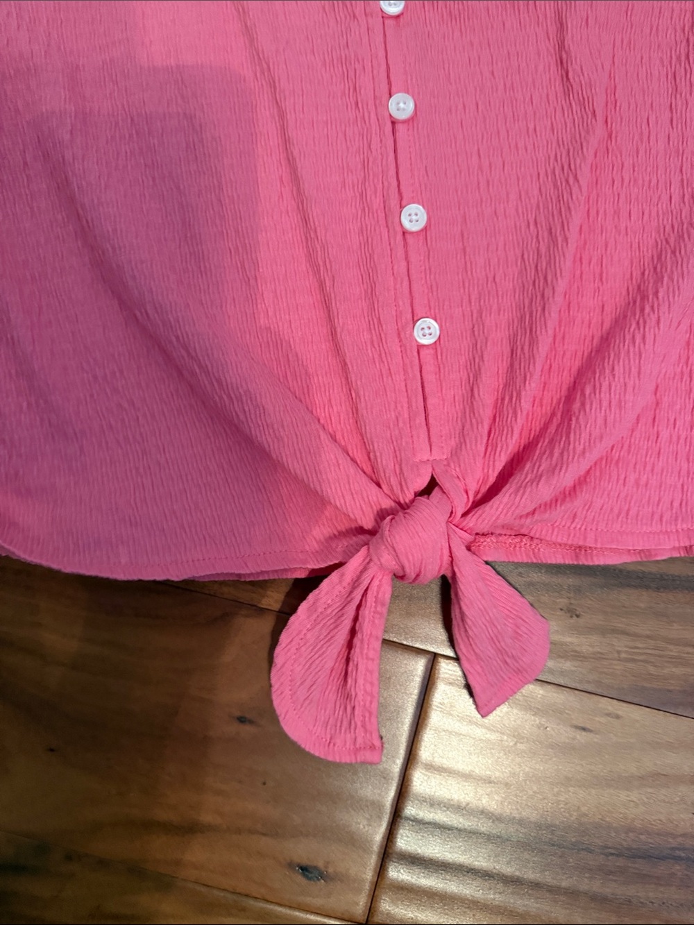 Talbots Coral Pink Button-Front Tie-Hem V-Neck Blouse - Picture 5 of 6